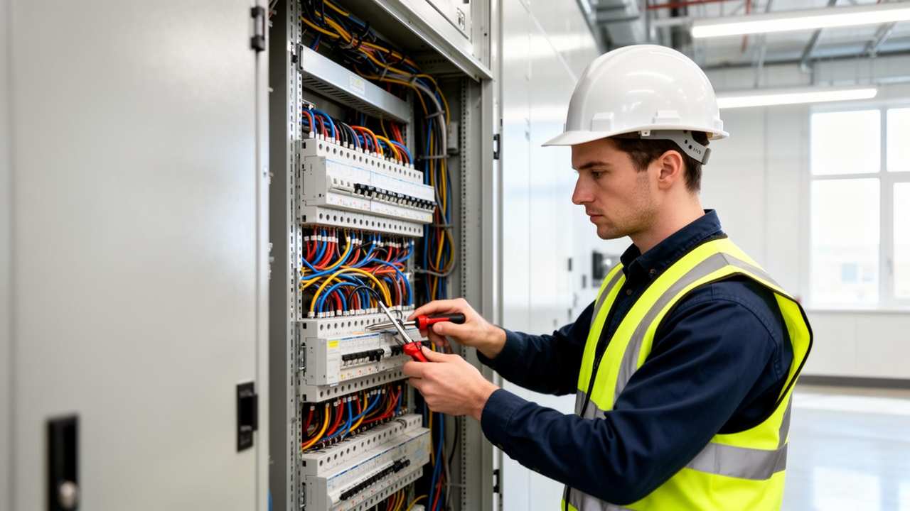 Licensed electrician working on a commercial electrical panel