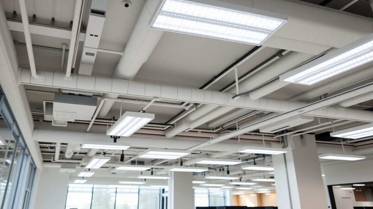 Finished commercial office interior with clean overhead LED lighting and neat conduit runs