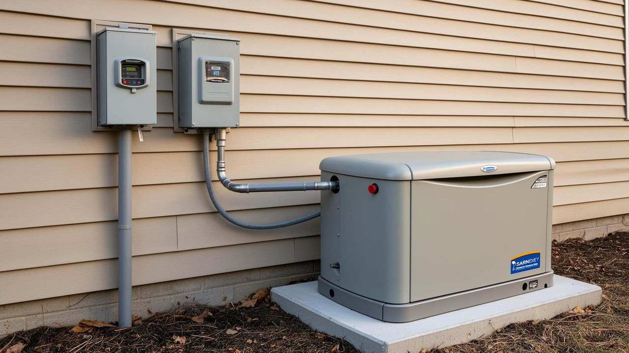Finished standby home generator installation on a concrete pad beside a Salem-area house