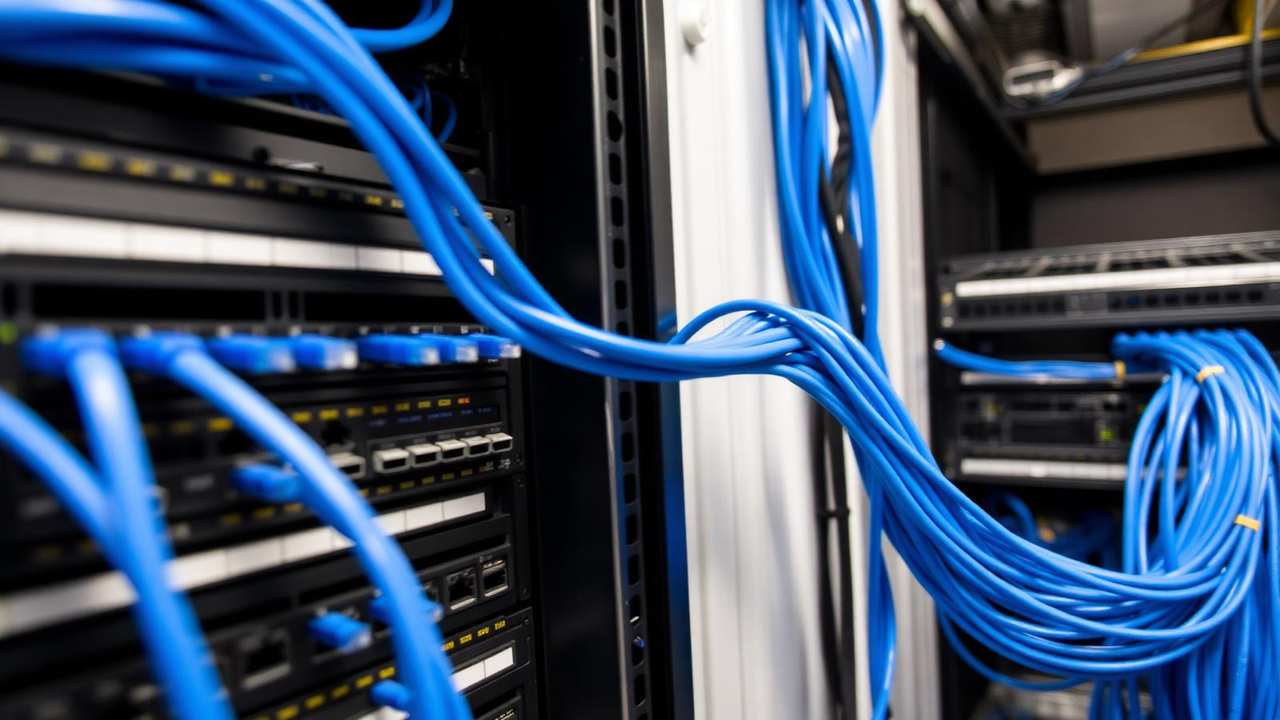 Finished network cabling rack with neatly organized Cat6 Ethernet cables, patch panels, and switches
