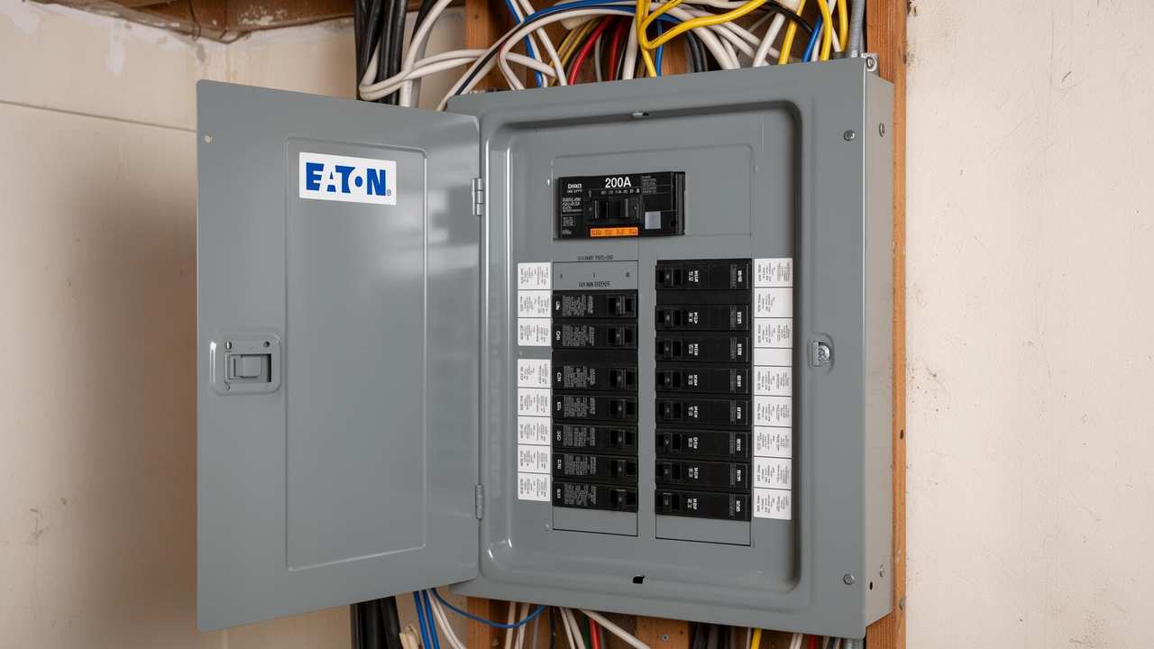 Newly installed 200-amp residential electrical panel with neatly organized breakers and color-coded wiring