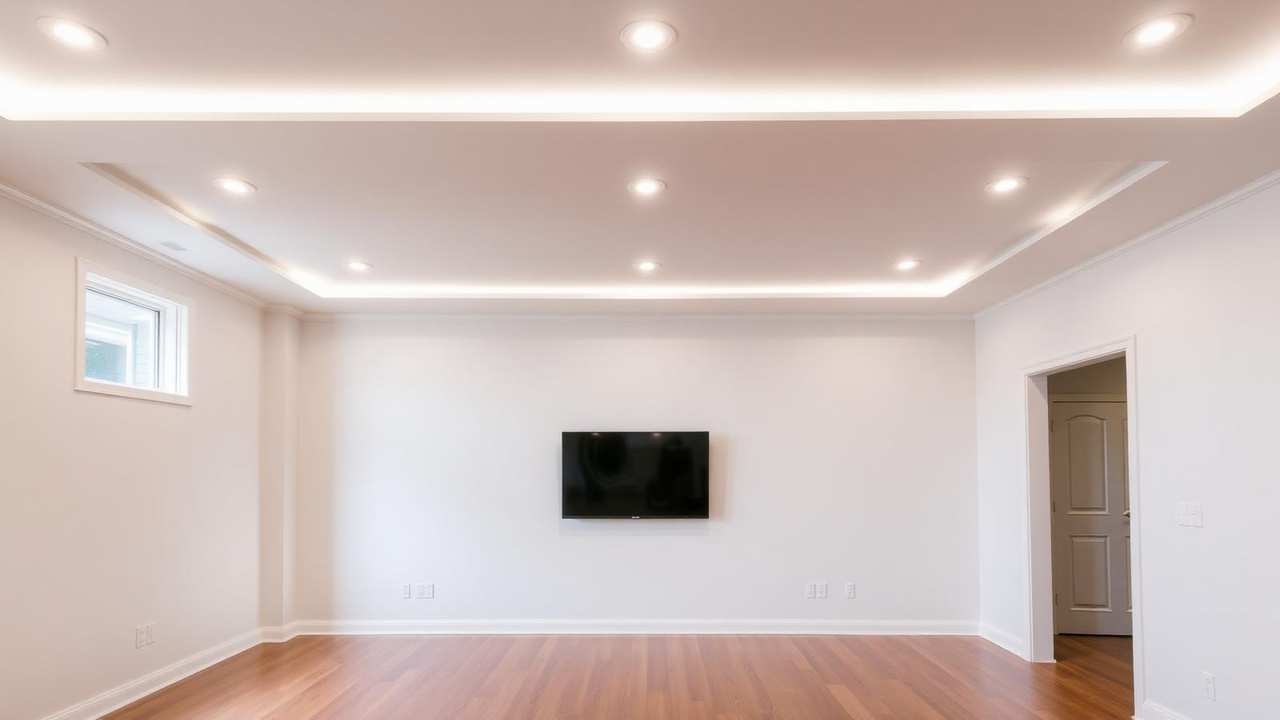 Finished modern residential recessed LED lighting in a clean Salem-area living room